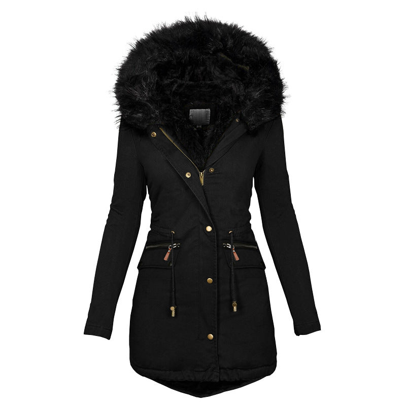 Women's Plush Hooded Parkas Winter Warm Thick  Zip-up Jackets Casual Mid-length Solid Buckle Pockets Coat Outerwear Clothing