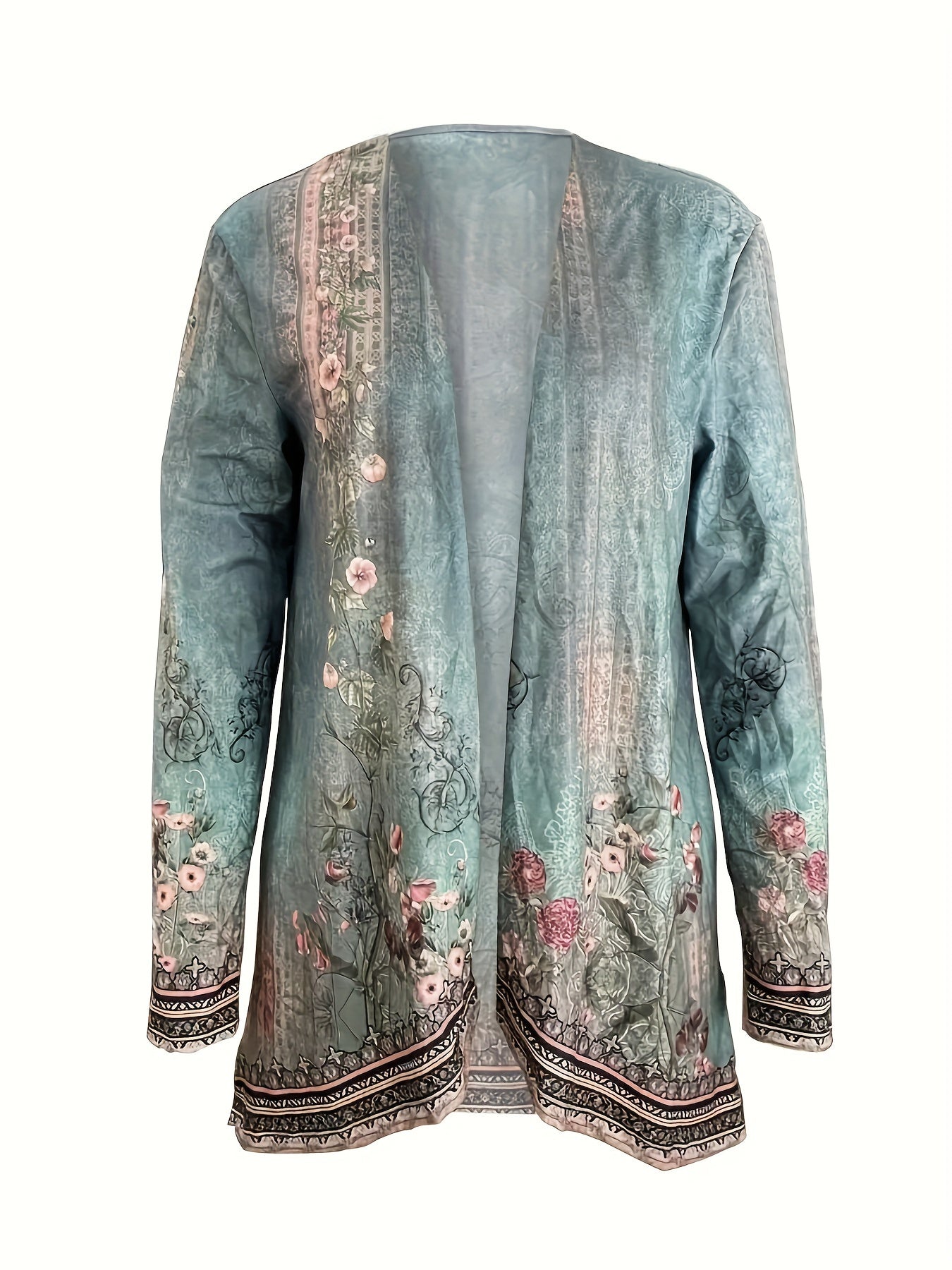 Spring And Autumn New Women's Top Printed Cardigan Casual Long Sleeve Light Jacket Green