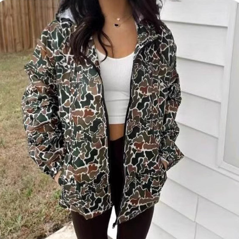 Women's Camouflage Print Long Sleeve Hooded Jacket With Zipper & Pockets - Streetwear Fashion Coat For Spring&Fall